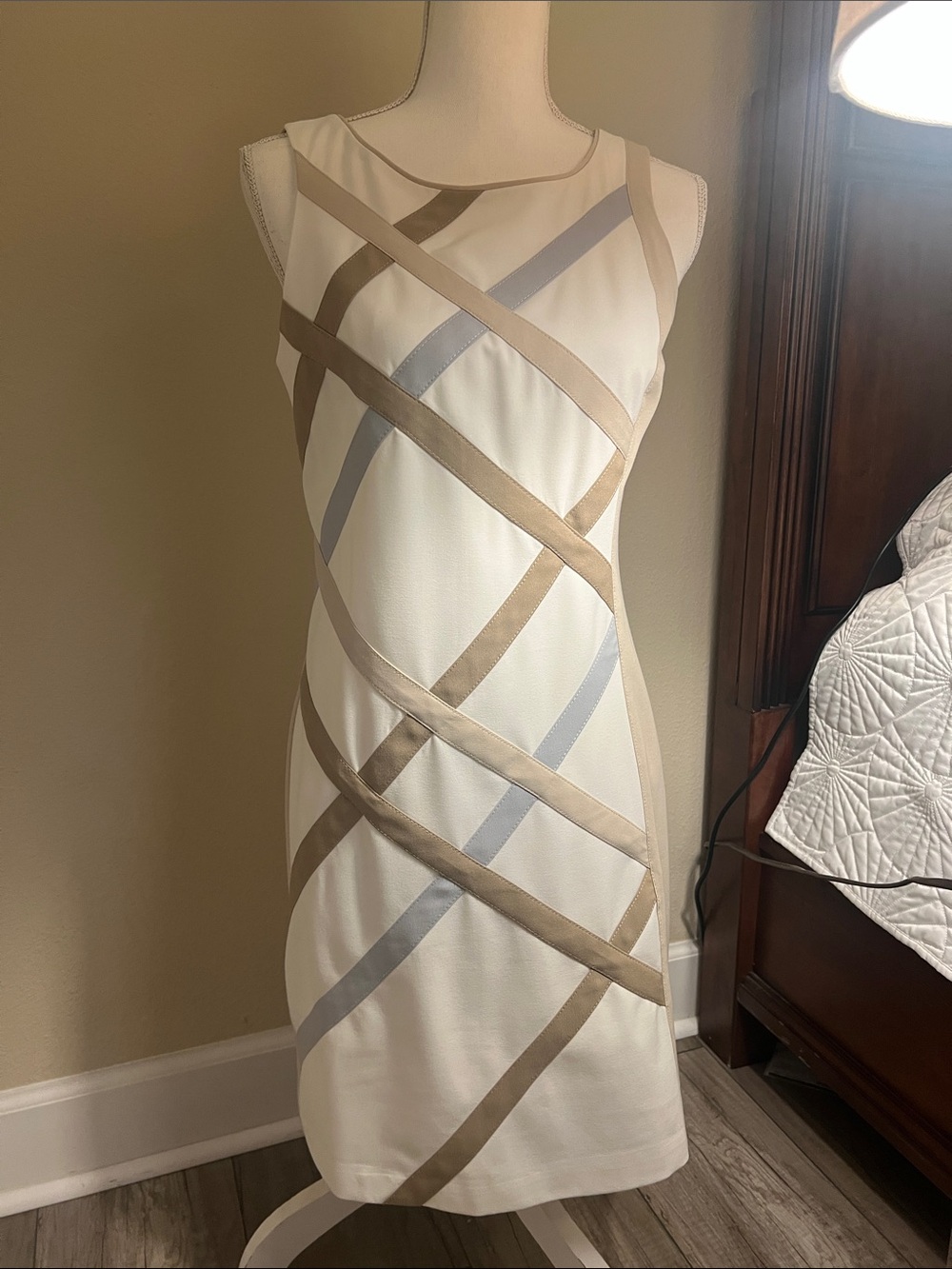 White house BM Sleeveless White Dress with Taupe and Light Gray Ribbon Accents